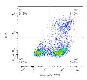 CA1020 Annexin V-FITC/PI apoptosis detection result. Q2 indicates Annexin V+/PI+ late apoptotic or dead cells, Q3 indicates Annexin V+/PI- early apoptotic cells, and Q4 indicates Annexin V-/PI- viable cells.