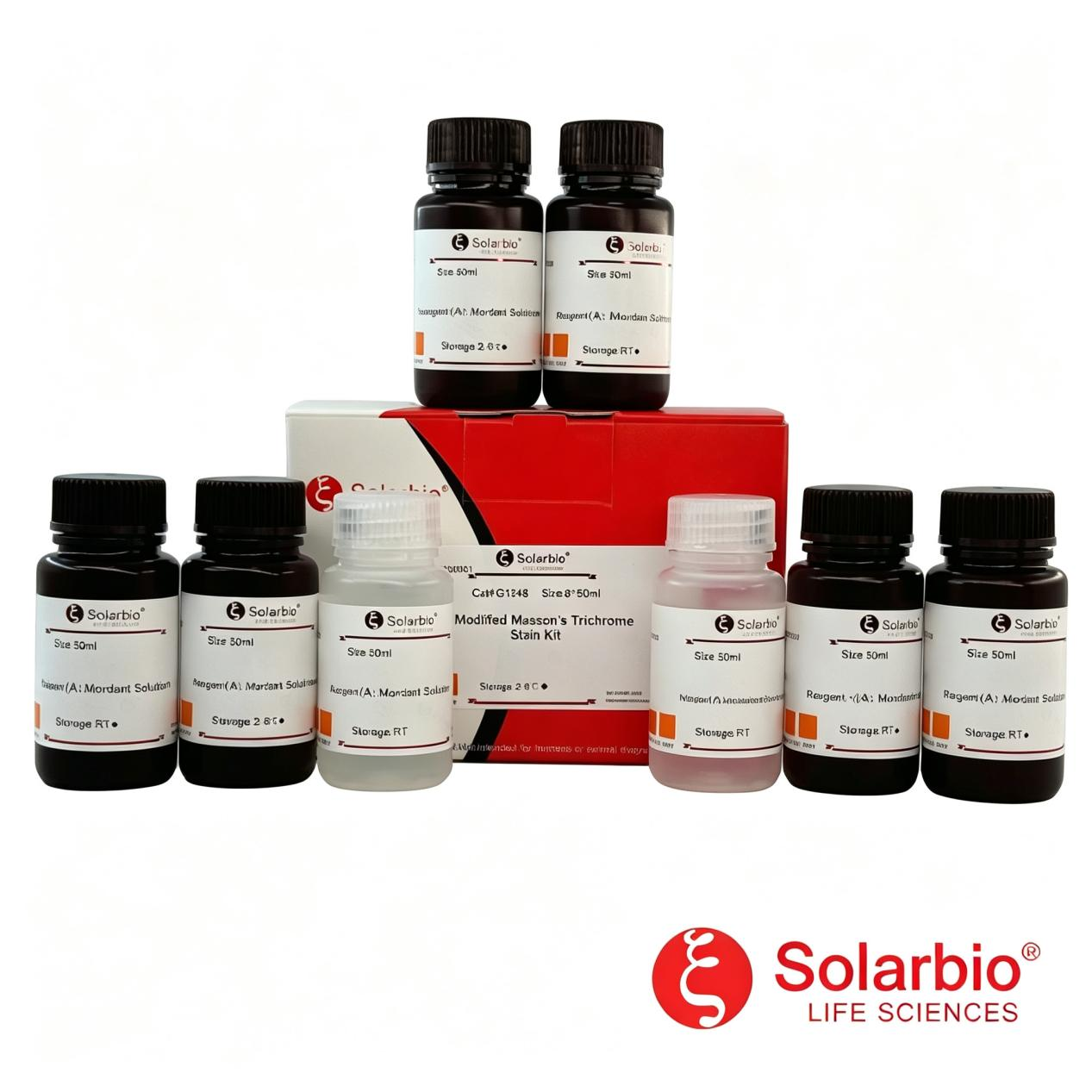 Complete reagent set supplied with the Solarbio G1346 Modified Masson’s Trichrome Stain Kit