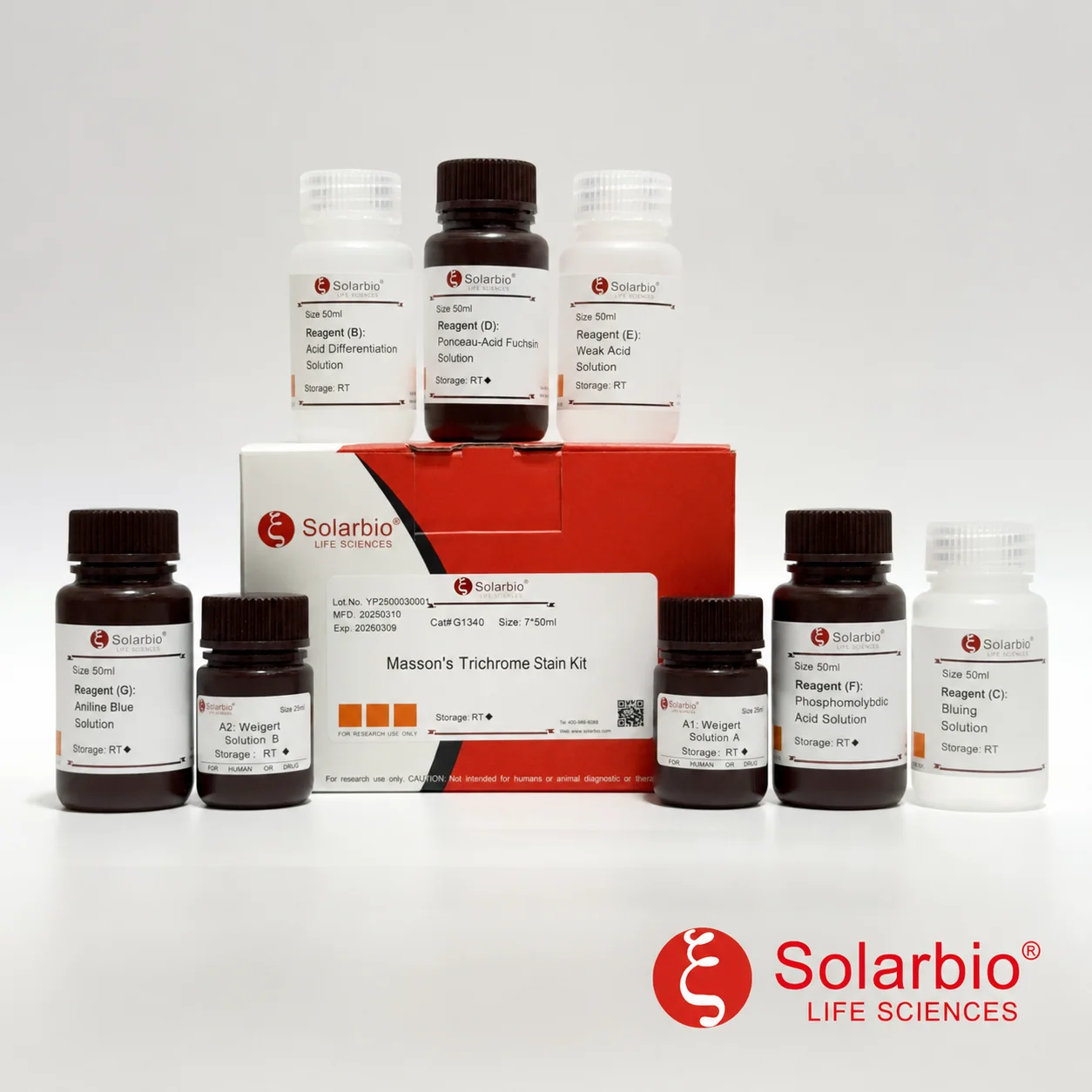 Solarbio Masson Trichrome Stain Kit with complete reagent set